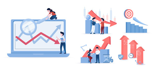 Business ideas collection set. Financial, stock market crash, arrow up, bankruptcy, falling down. Data analysis for investor, strategy management, tactical plan, growth. Flat vector illustration.