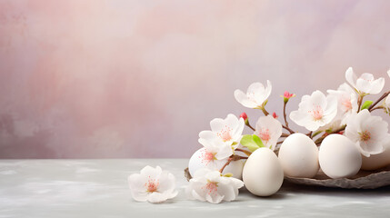 Easter background with white eggs and cherry blossom branches on a light background