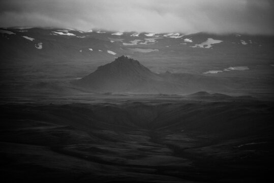Aerial view of the desolate volcanic landscape of the Central Highlands on the way from Reykjahlid to the Bardarbunga eruption site at Holuhraun, Iceland.