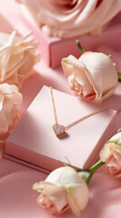 Delicate gold chain with a heart-shaped pendant, gift box, pink background. Valentine's Day Gift