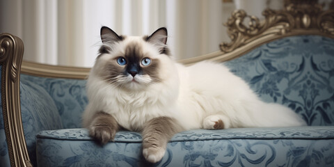 Regal Ragdoll Cat on a Luxurious Blue Sofa