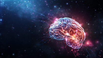 Digital illustration of a human brain with glowing neurons, symbolizing intelligence and neural activity, against a dark starry background.