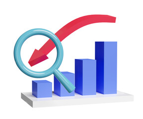 3D charts graph with magnifying glass, analysis business financial data, online marketing isolated. business strategy minimal concept, 3d render illustration