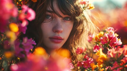 Portrait of a Caucasian woman's beautiful face in a field with spring flowers. Women's Day Banner