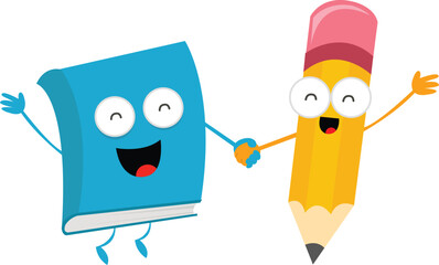 Cute Book And Pencil Character Holding Hands