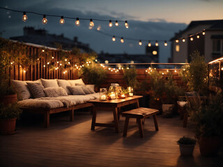 View over a cozy outdoor terrace with outdoor string lights. Autumn evening on the roof terrace design. - obrazy, fototapety, plakaty