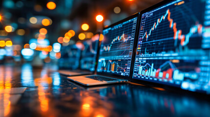 Stock market analysis: A businessman analyzing stock market data on a laptop, combining finance and technology - obrazy, fototapety, plakaty