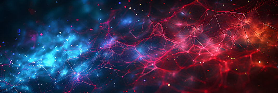 Abstract banner in blue red color as ai intelegence and neuronal red, computing and neural network.
