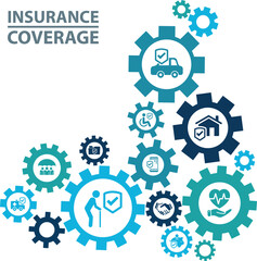 Insurance coverage. Blue concept with icons related to safety and protection, security, insured risks and liability. Health care, risk, help service. Car accident, travel insurance, flight protection.