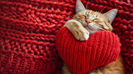 Red knitted heart in cat's paw, cat for Valentine's Day. 