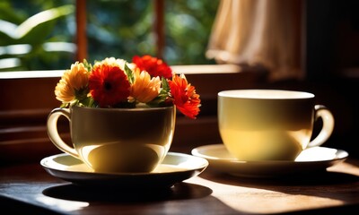 Spring time. ceramic cup of aromatic espresso coffee on the table near windowsill, a bouquet of beautiful flowers, morning sunlight from window