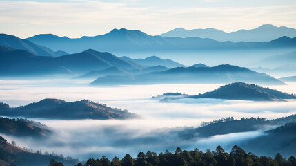 Scenic view of fog over mountain range and sea, Ai generated image