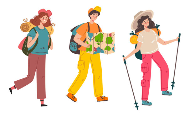 Man woman tourist campers people characters isolated set. Vector flat graphic design isolated illustration