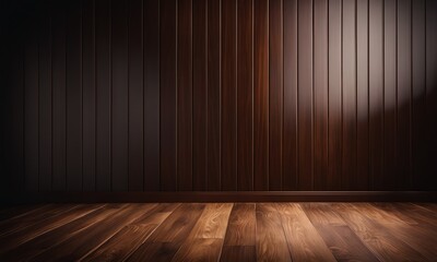 Dark brown classic wooden texture highlighted wall background with free space, mock up room, parquet floor