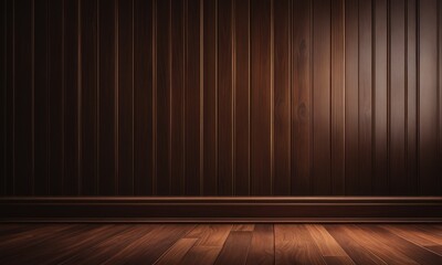 Dark brown classic wooden texture highlighted wall background with free space, mock up room, parquet floor