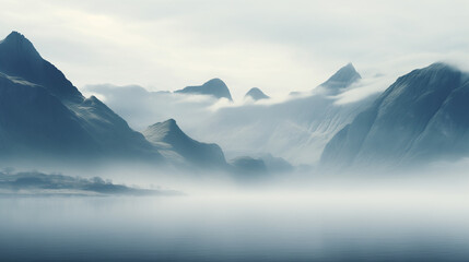 Scenic view of fog over mountain range and sea, Ai generated image - obrazy, fototapety, plakaty