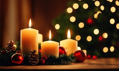A burning candle against the backdrop of a Christmas decoration with garlands of lights. Happy New Year and Merry Christmas. Romantic atmosphere, first date, Christmas eve miracle
