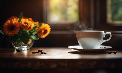 Spring time. ceramic cup of aromatic espresso coffee on the table near windowsill, a bouquet of beautiful flowers, morning sunlight from window