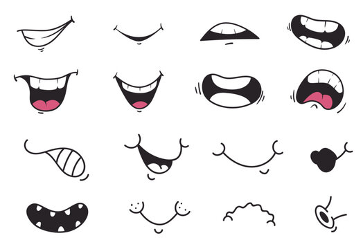 Mouth smile cute cartoon doodle face expression isolated set. Vector graphic design element illustration