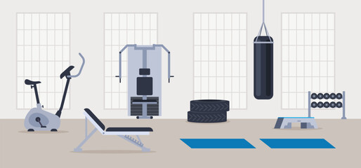 Empty modern gym concept. Vector flat cartoon graphic design illustration