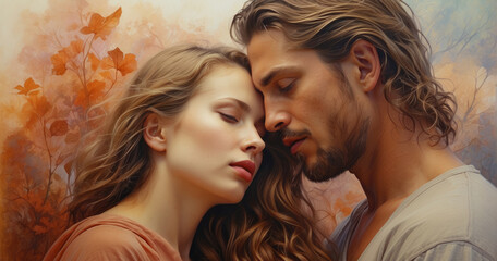 Fototapeta premium A beautiful couple in love. A man and a woman in a gentle embrace . illustration of Valentine's Day. the concept of family