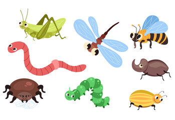 Beetles insects caterpillars worm ant spider butterfly mosquito bee isolated set. Vector flat modern style graphic design cartoon illustration