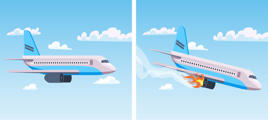 Airplane aircraft aeroplane crash accident concept. Vector design graphic illustration