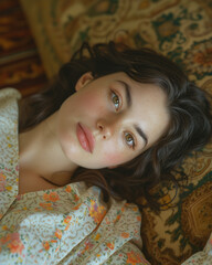 Vintage Reverie: Timeless Beauty Lying in Repose with Floral Elegance