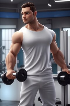 Man Holding Two Dumbbells in White Tank Top. Generative AI.