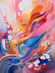 A mesmerizing dance of liquid ribbons, gracefully flowing and splashing in a 3D abstract realm, creating a vivid display of color and dynamic fluidity