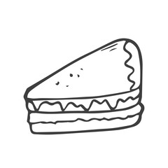 Hand drawn vector cake piece. Doodle style illustration. Black outline isolated on white.