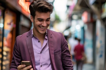 Fototapeta premium Smiling Man in Purple Suit Looking at Phone Generative AI