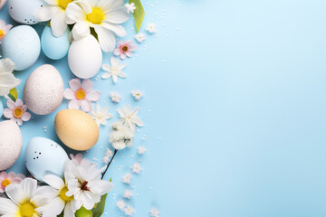 Easter eggs on blue background, empty space