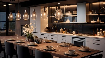 A modern kitchen with gleaming countertops, neatly arranged ingredients, and the warm glow of pendant lights above