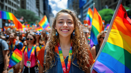 A smiling young woman surrounded by rainbow flags at a Pride parade.  Young girl Participant in Pride Parade