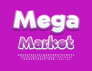 Vector advertising emblem Mega Market with bright Font. Purple Alphabet Letters, Numbers and Symbols set.