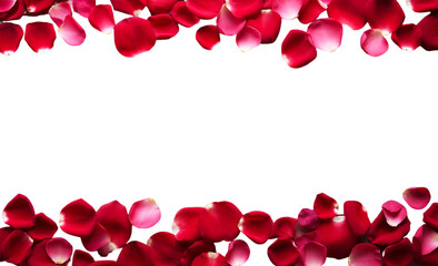 Red Rose Petals on White, A cascade of red rose petals forms an elegant border against a pure white background, ideal for festive or romantic themed designs and decorations.