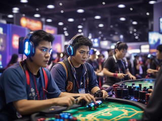 World region gaming expos, gaming industry events or gaming competition amusement, with many live-action players, and design.