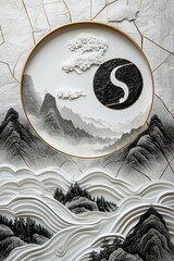 Chinese landscape minimalist design, inkcore, paper sculpture, mysterious core, a painting depicting black and white Yin and Yang symbols, snow mist, Changbai Mountain, flowing texture.