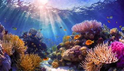 Poster a saltwater under water sun deep creature exotic tropic reef barrier coral tropical aquatic diversity species animals diving below beneath underwater life marine sea fish blue ocean scuba undersea © DrewTraveler