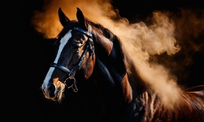 Artistically lit horse head with thick smoke and fumes on black background. Beautiful alert black brown stallion horse in fog mist smoke looking curious worried free majestic regal mythological
