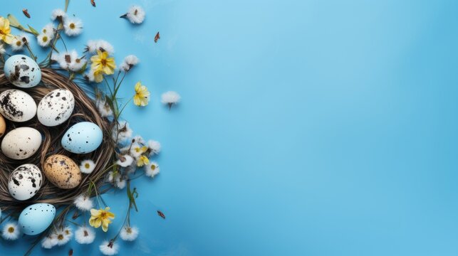 Easter Eggs and Daisies on Blue Background