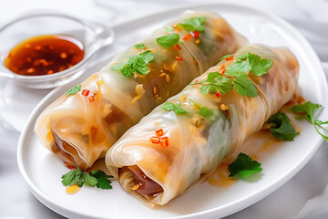 Raw Spring rolls with vegetables and sweet chili sauce on the white table