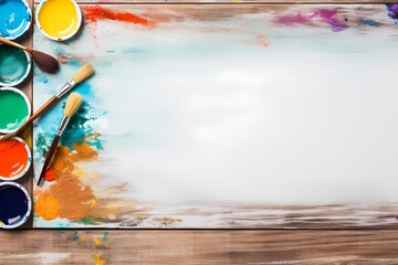 A palette of watercolor paints and artistic brushes on a weathered wooden table, waiting for creative strokes. Minimal background. Flat lay, top view, copy space.