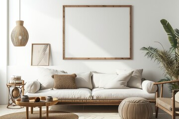 A wooden frame mock up on the wall over sofa in the living room, Japandi minimal interior design. Generative AI