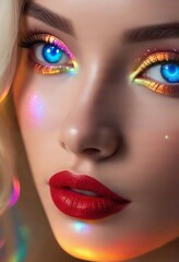 The image features a close-up of a woman with a bold makeup look, including multicolored glitter on her eyelids and lips. The woman's eyes are blue and she has blonde hair.