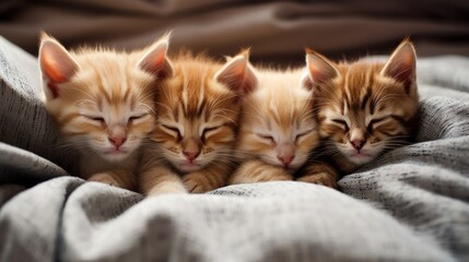 A group of kittens are sleeping on a bed