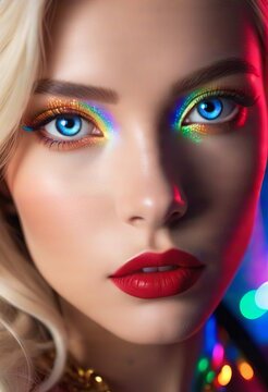 The image features a close-up of a woman with a bold makeup look, including multicolored glitter on her eyelids and lips. The woman's eyes are blue and she has blonde hair.