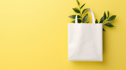 Eco-Friendly Tote Bag on Yellow Background - obrazy, fototapety, plakaty