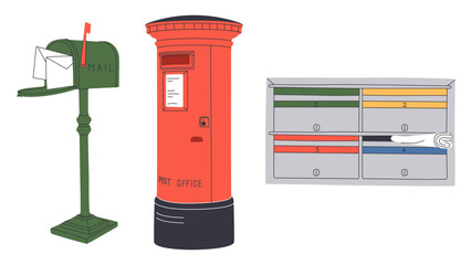Mailboxes, Postal letterboxes set. Different postboxes, envelope with mail, pigeon, postcard. Hand drawn.
